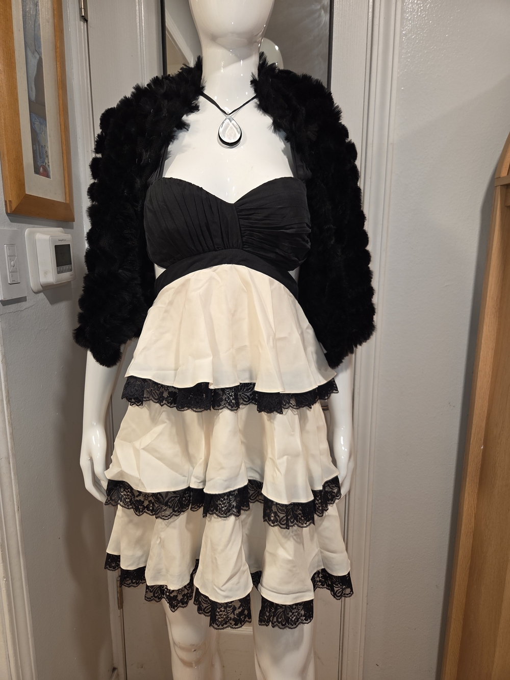 Bebe Black and Cream Tiered Lace Halter Dress - Picture 11 of 12